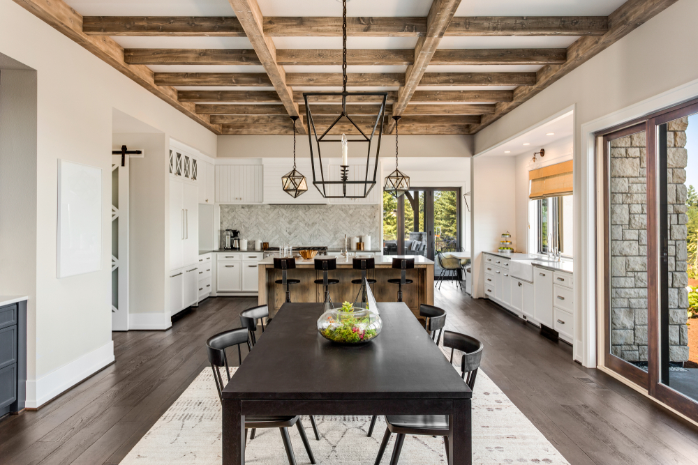 Stunning dining room with beamed ceilings_Mortlock Timber