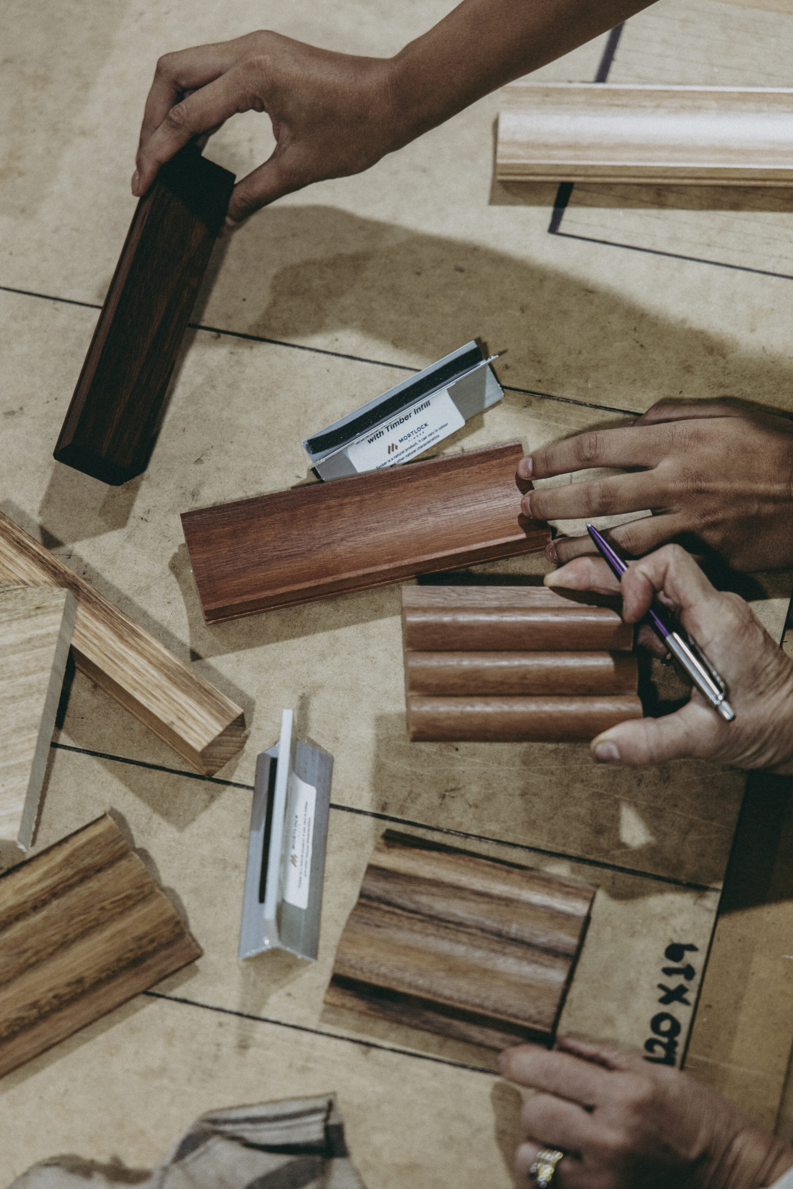 Close up of multiple profile samples at Mortlock Timber samples room