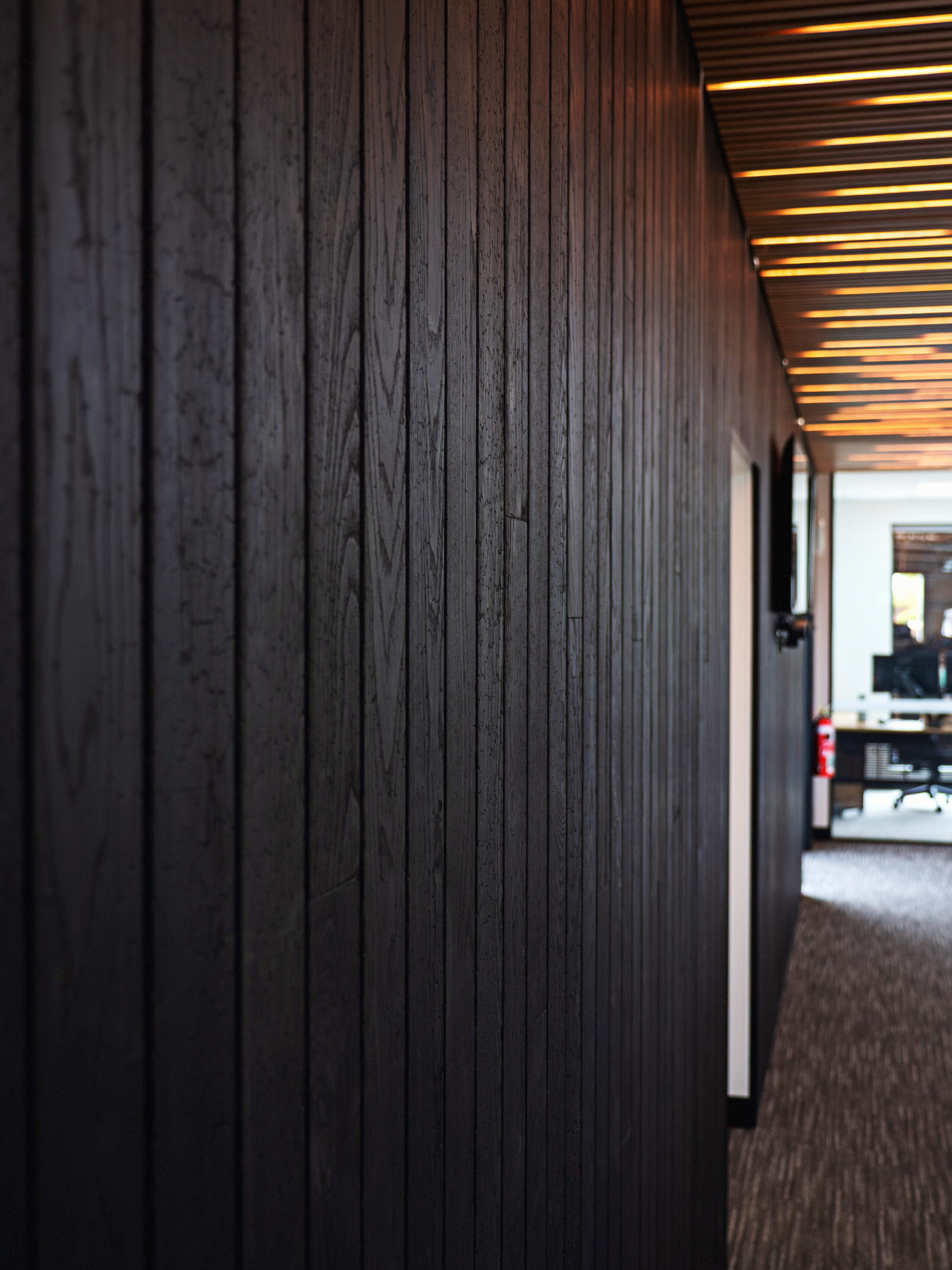 Interior of Mortlock Timber close up image of interior Shou Sugi Ban Burnt Ash timber cladding