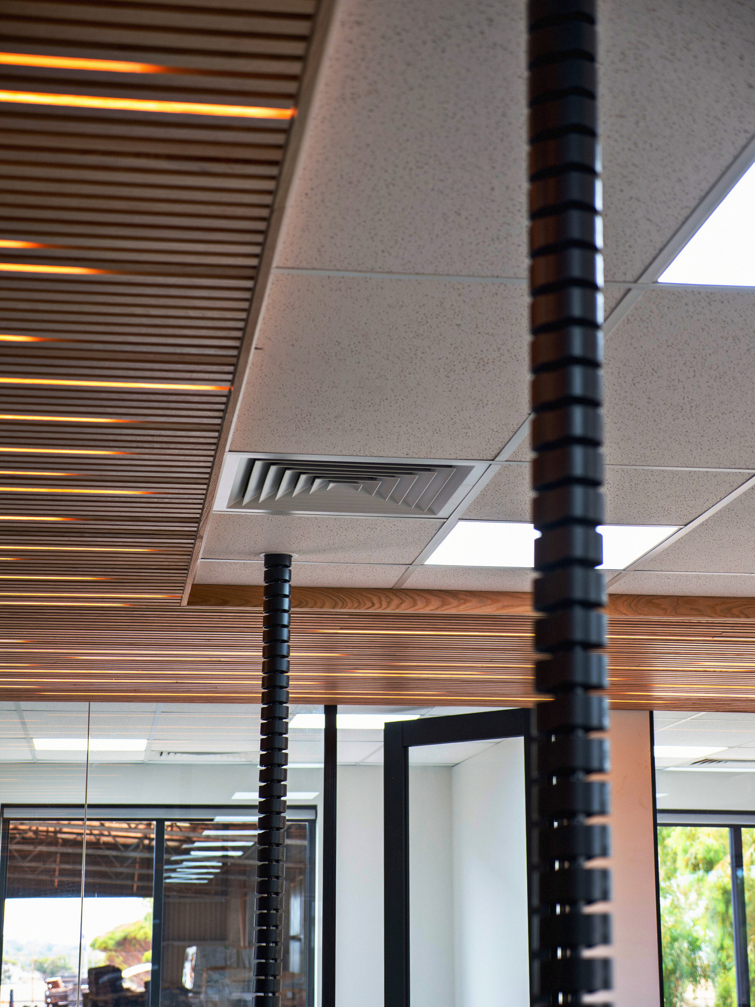 Interior of Mortlock Timber wide angle photo of 30x30 Proplank American Oak timber ceiling battens