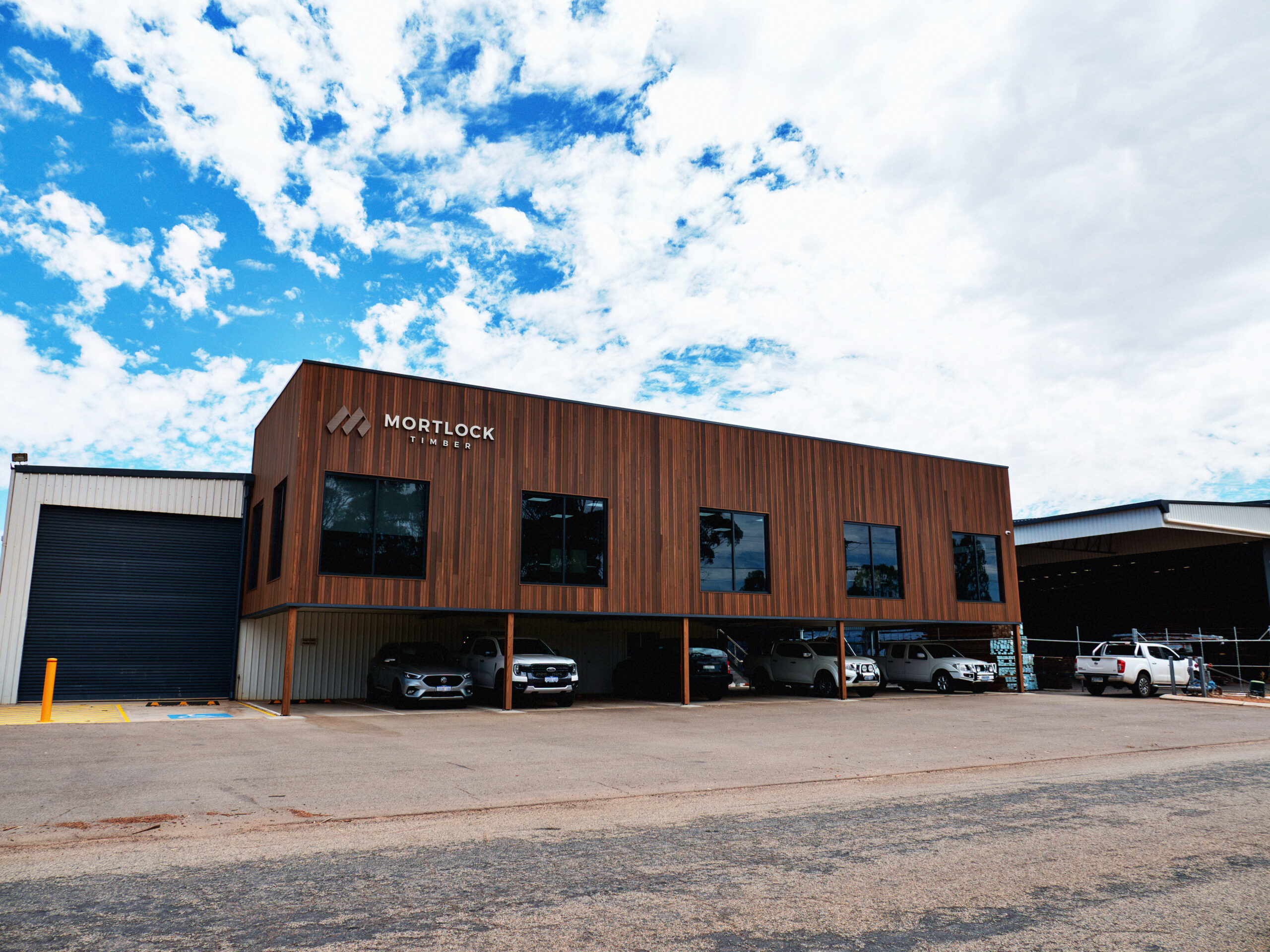 The front of Mortlock Timber Building showcasing 135x19 Trendplank Tulipwood & 70x19 Trendplank Tulipwood