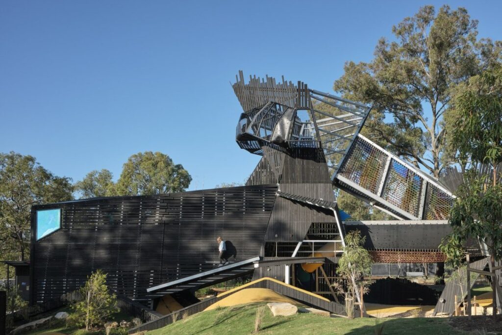Charred Shou Sugi Ban Jarrah timber tower at Bradbury Park playground, Queensland, finished in WOCA black